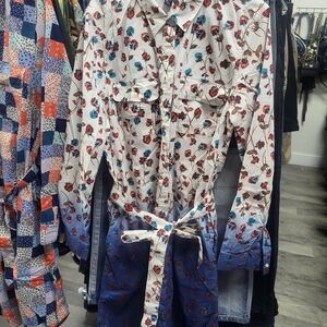 Lands' End Floral Long Sleeve Dress - White and Blue